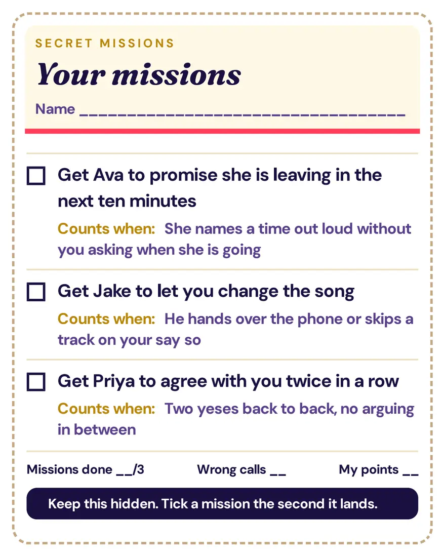 A printed mission card naming real guests