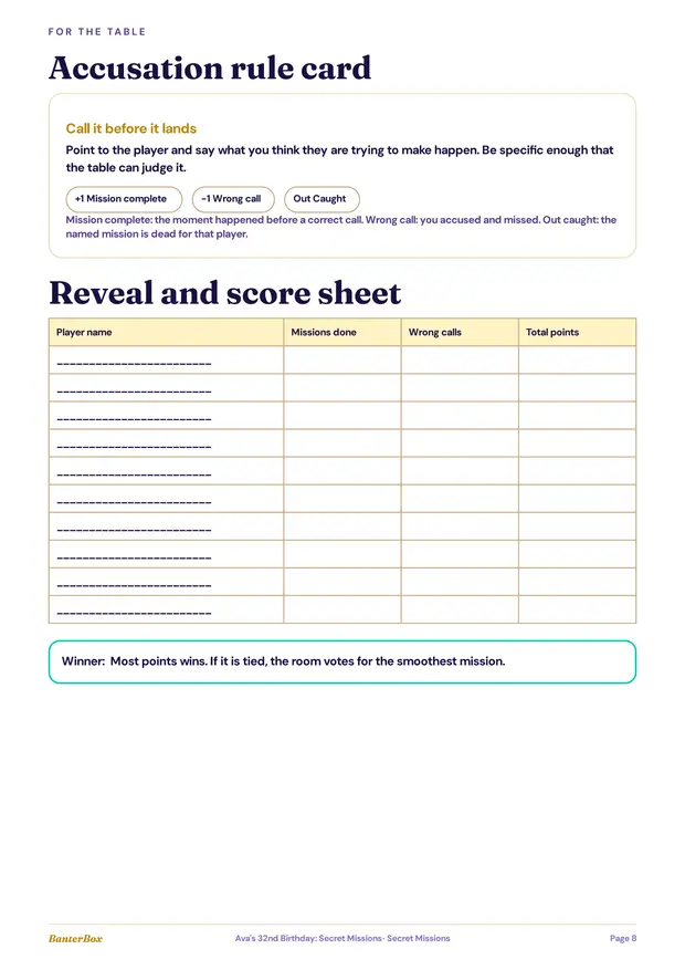 The printed Secret Missions accusation and score page