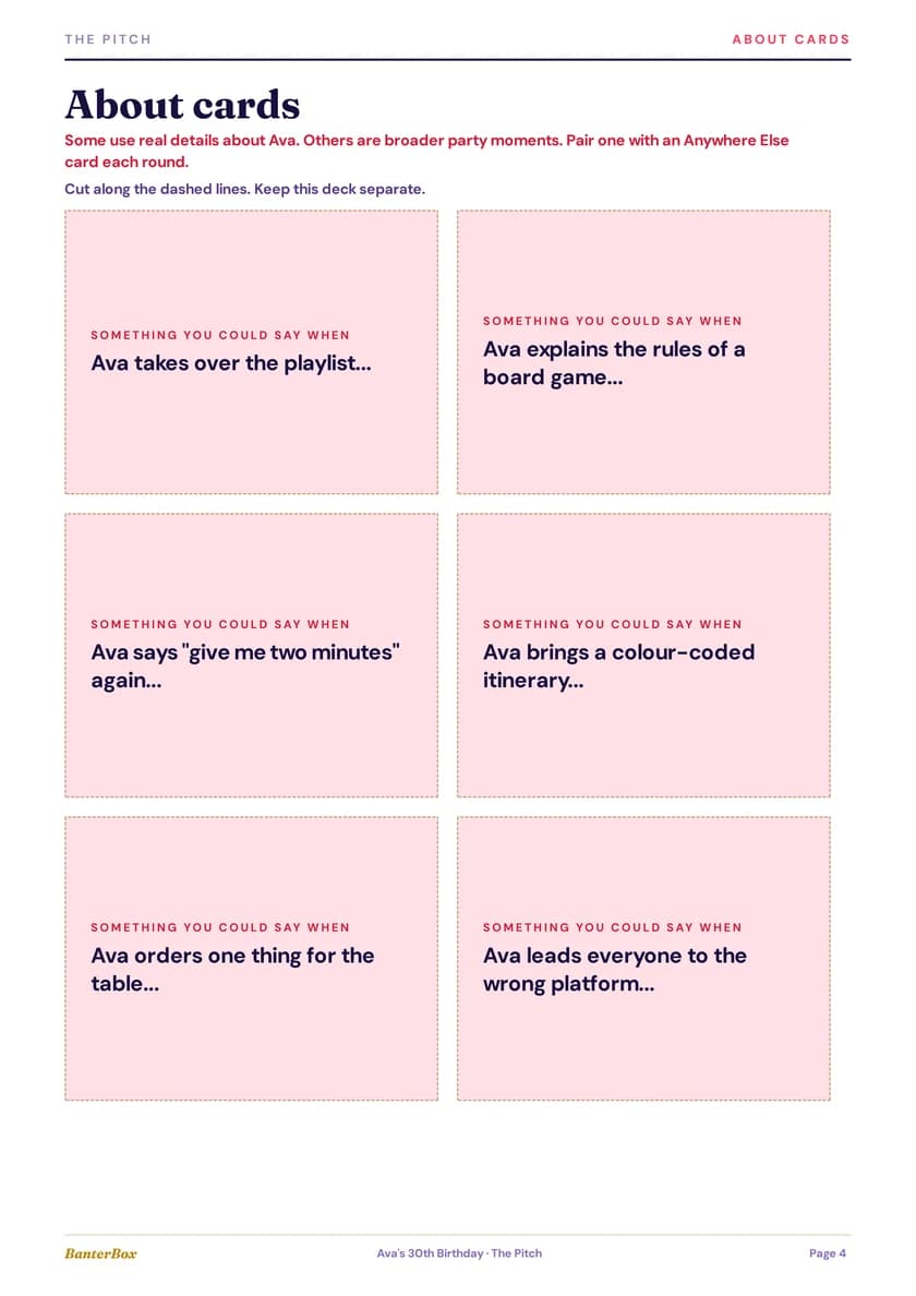 A printed page of The Pitch About Them cards