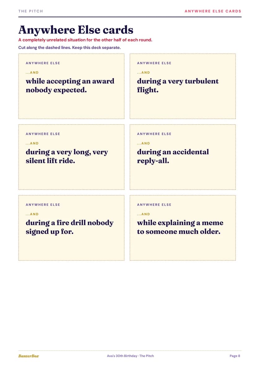 A printed page of The Pitch Anywhere Else cards