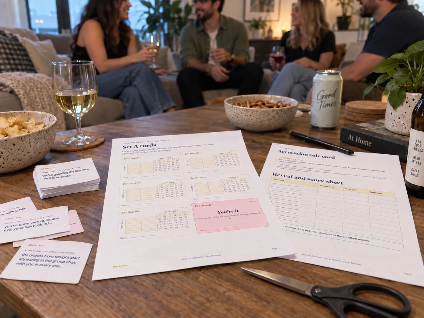 A printed BanterBox party game laid out with cards, score sheets and cutting guides ready to play