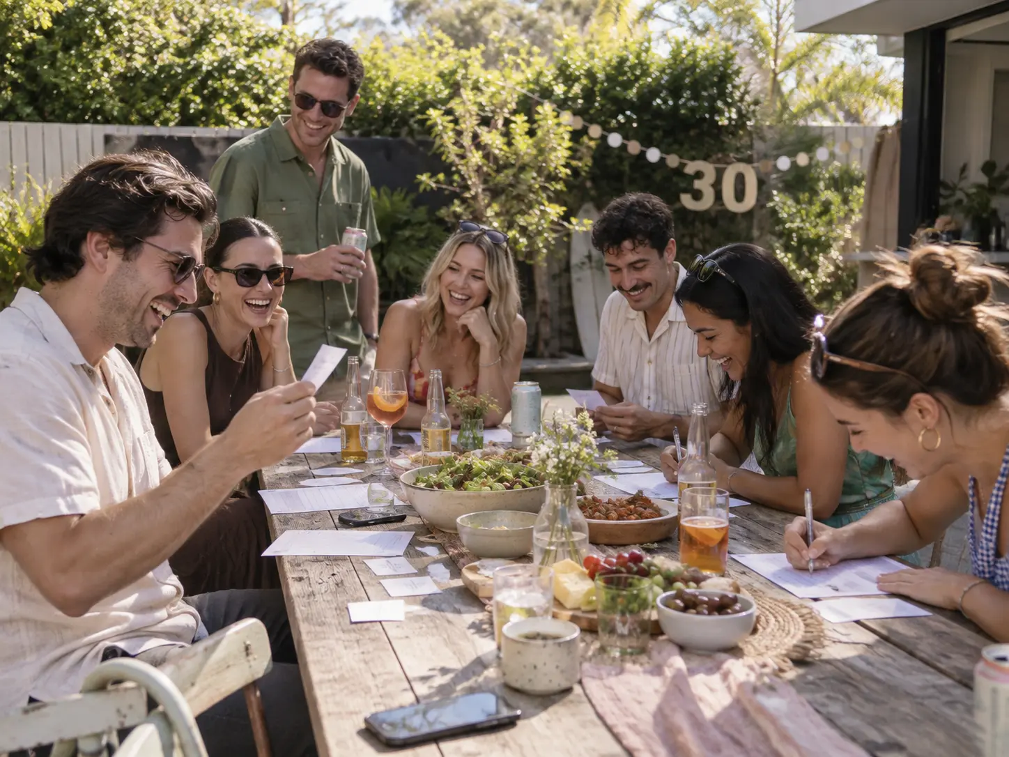 Friends playing a personalised party game at a birthday gathering