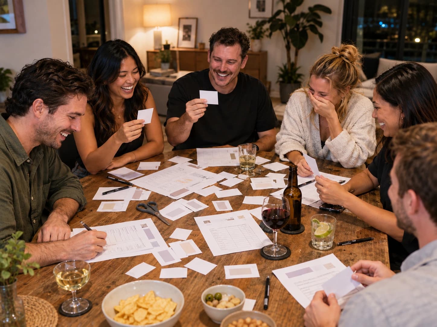Friends playing a printable personalised party game around a table