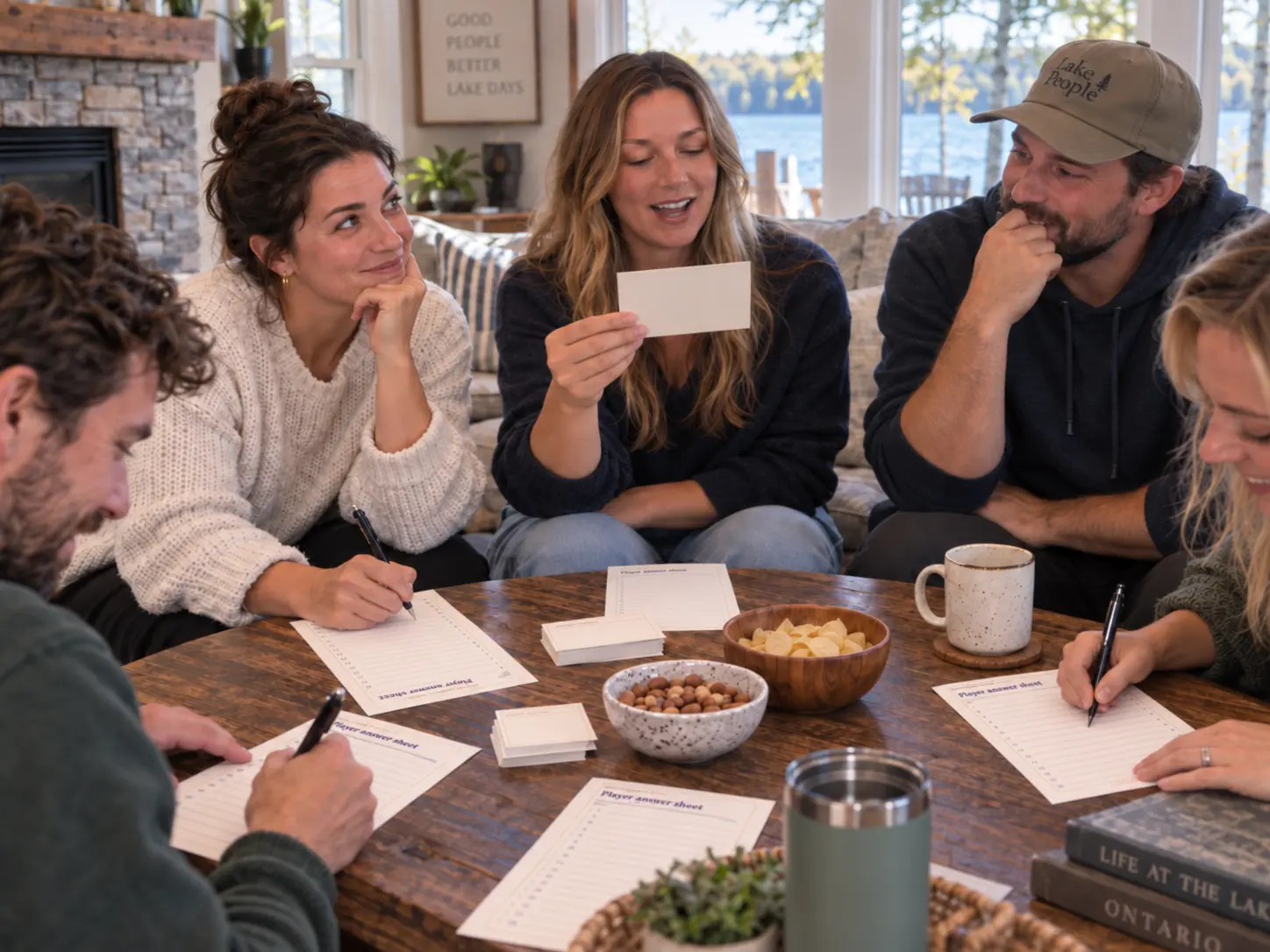 Friends writing answers and trying to predict the group majority while playing BanterBox Majority Rules