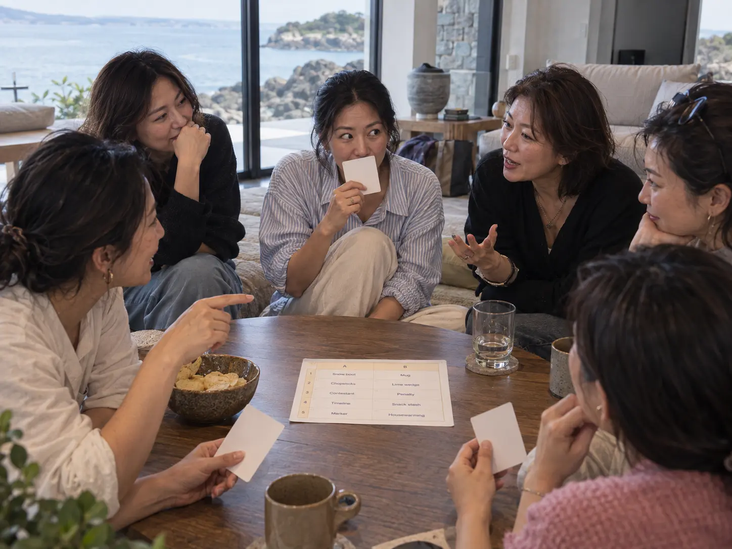 A group of friends watching each other closely while trying to identify the outsider in the BanterBox social deduction game