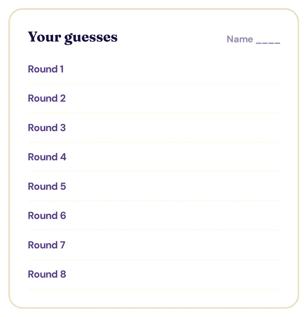 A printed answer card with a row for each round