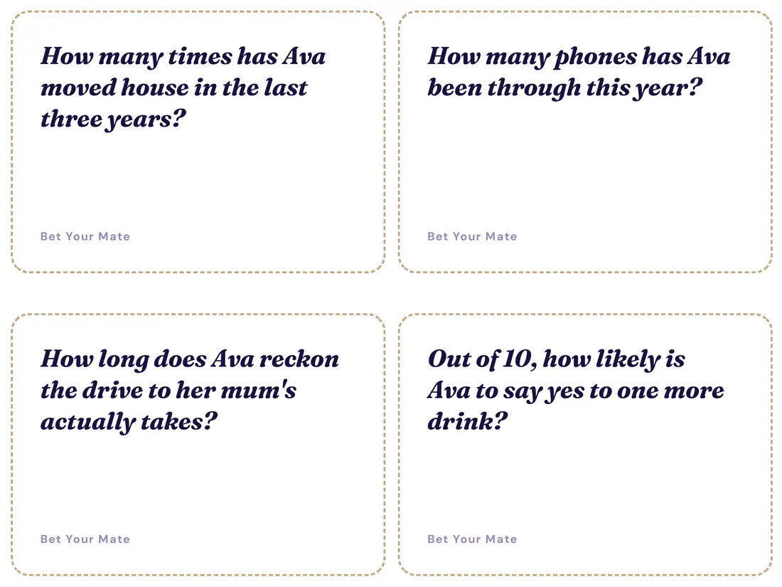 Printed question cards, each one about the guest of honour