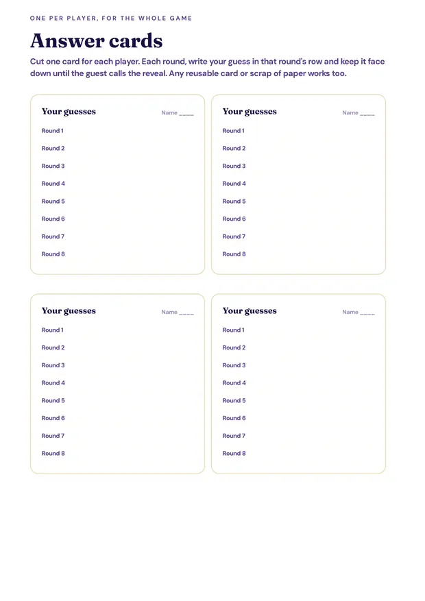 A printed page of Bet Your Mate answer cards
