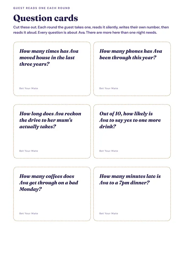 A printed page of Bet Your Mate question cards