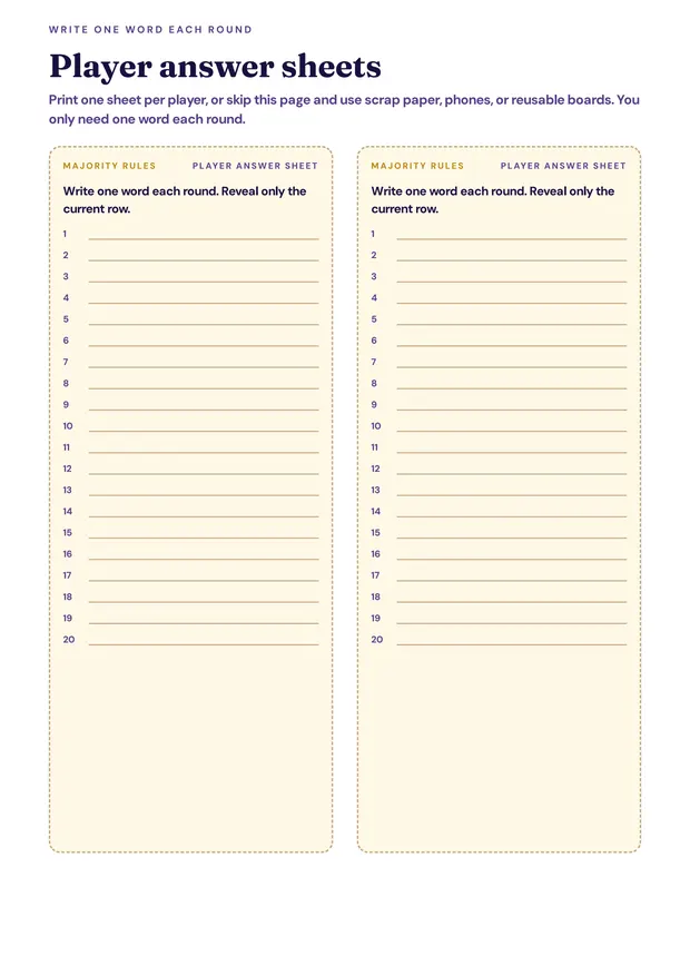 A printed Majority Rules answer sheet