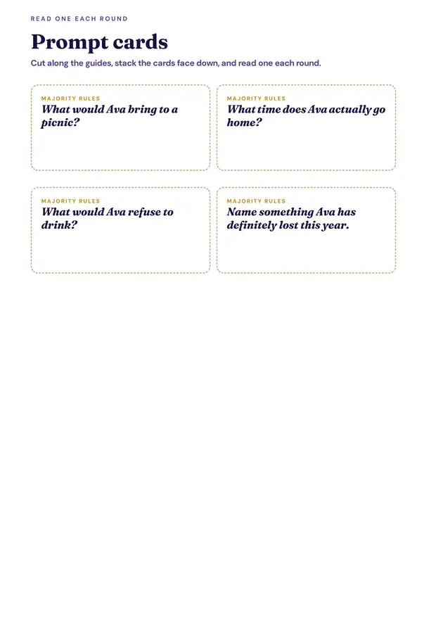 A printed page of Majority Rules question cards
