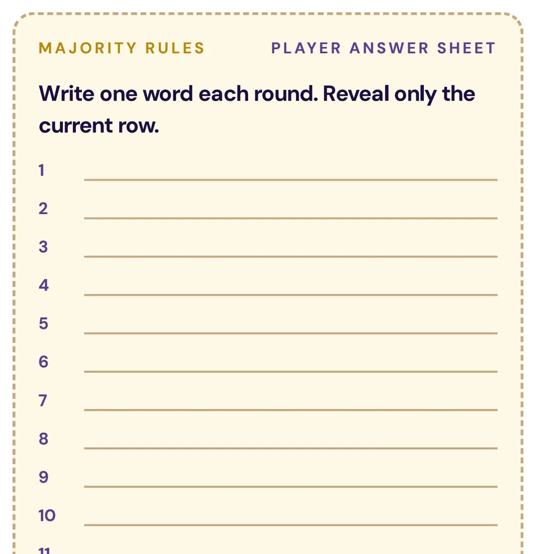 A printed answer sheet with a row for each round