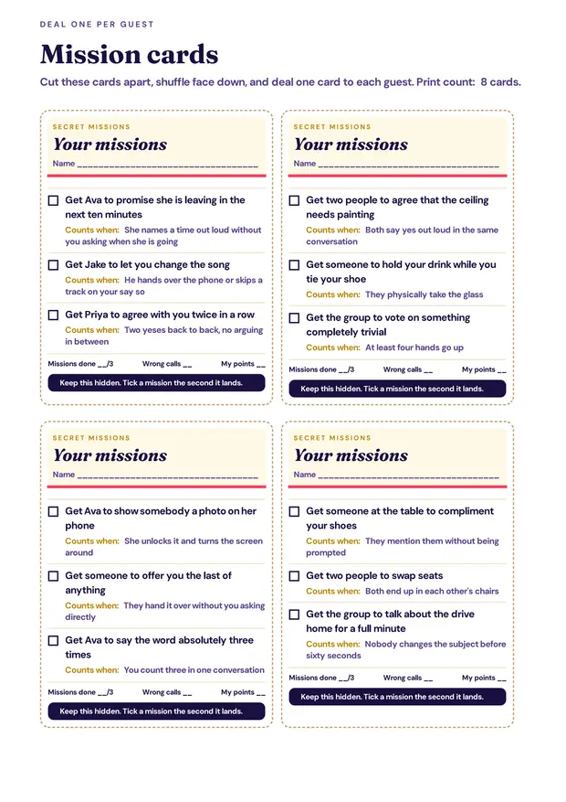A printed sheet of mission cards, one per guest