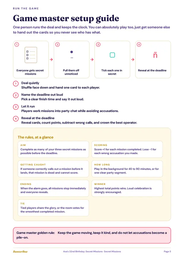 The printed Secret Missions rules page