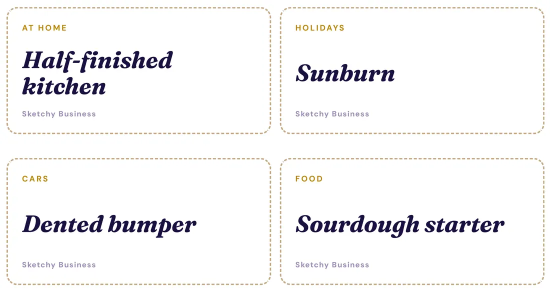 Printed word cards, each showing a category and a drawing topic