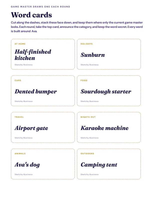 A printed page of Sketchy Business word cards