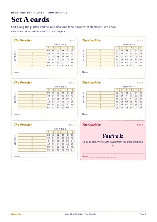 A printed page of game cards from the pack