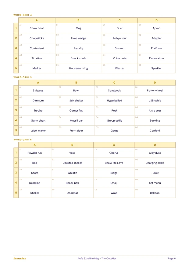 A printed page of word grids from the pack